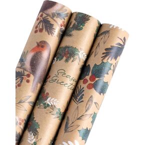 WRAPAHOLIC Kraft Christmas Wrapping Paper Roll - Mini Roll - 3 Rolls - 17 Inch X 120 Inch Per Roll - White Christmas Tree, Reindeer, Snowflake Holiday Collection