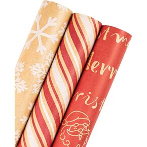 WRAPAHOLIC Kraft Christmas Wrapping Paper Roll - Mini Roll - 3 Rolls - 17 Inch X 120 Inch Per Roll - White Christmas Tree, Reindeer, Snowflake Holiday Collection