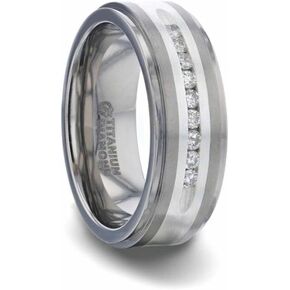 Roy Rose Jewelry Mens Titanium 9 Channel Set White Diamonds Silver Inlaid Wedding Ring - Flat Brushed Comfort Fit - 8mm Wide - Style name: BOND