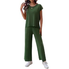 BestWendding Women's 2 Pieces Outfits Sweater Sets Casual Cap Sleeve Knit Tops with Wide Leg Pants Lounge Sets Tracksuits