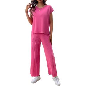 BestWendding Women's 2 Pieces Outfits Sweater Sets Casual Cap Sleeve Knit Tops with Wide Leg Pants Lounge Sets Tracksuits