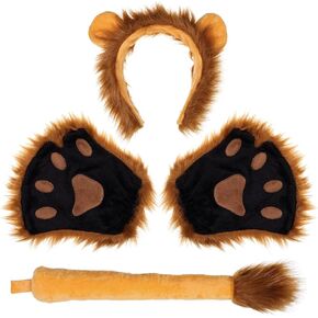 Beaupretty Lion Cosplay Costume Set Lion Plush Role-Playing Accessories Lion Paw Gloves Ears Headband Tail Kit for Women Men Adults (Brown)