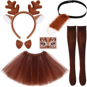 6 Pcs Deer Costume for Women Reindeer Costume Adult Deer Antlers Headband Deer Tail Tutu Skirt Socks Tie for Adult Halloween Christmas Mardi Gras Party Accessories Multi