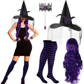 4 Pcs Halloween Witch Costumes Set for Women Pointed Witch Hat Cosplay Wig Nylon Striped Stockings and Purple Crystal Bracelet Girls Cosplay Party Costume Accessories