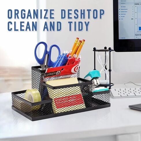 Ludato Desk Organizers Pen Holder for Desk, 4 Compartments Black Mesh Pen Holder Storage for Office Desk Accessories in Saudi Arabia