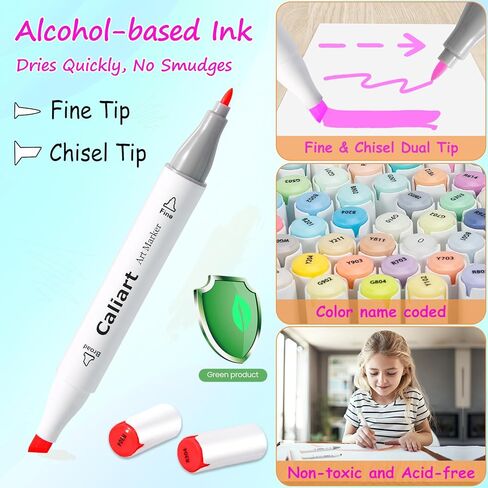 Caliart 52 Colors Fine & Chisel Alcohol Markers for Adult Coloring Book, Dual Tip Artist Sketch Art Markers, Aesthetic Cute Preppy Stuff School Supplies, Pens for Lettering Drawing Cards Planner in Saudi Arabia