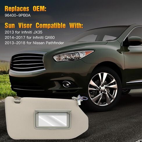 Right Passenger Side Sun Visor with Sunroof Fit for 2013 for Infiniti JX35 2013-2018 for Nissan Pathfinder 2014-2017 for Infiniti QX60 Tan Beige Sunvisor Replace 96400-9PB0A in Saudi Arabia