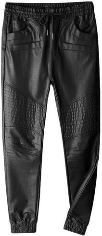 Idopy Men's Faux Leather Jogger Elastic Waist Drawstring PU Harem Pants in Kuwait