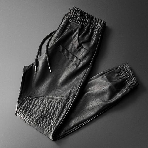 Idopy Men's Faux Leather Jogger Elastic Waist Drawstring PU Harem Pants in Kuwait