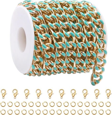KYUNHOO 9.8 Feet Colorful Oil Dripping Cuban Chains for Jewelry Making Gold Plated Aluminum Chain Spool Unwelded Twist Curb Chain Roll with Jump Rings Lobster Clasps Jewelry Findings in Kuwait