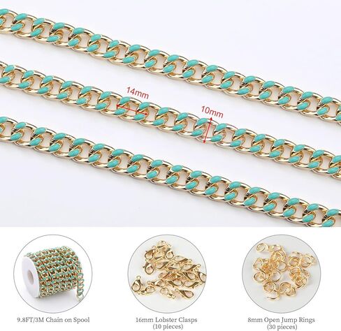 KYUNHOO 9.8 Feet Colorful Oil Dripping Cuban Chains for Jewelry Making Gold Plated Aluminum Chain Spool Unwelded Twist Curb Chain Roll with Jump Rings Lobster Clasps Jewelry Findings in Kuwait