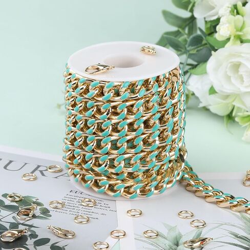 KYUNHOO 9.8 Feet Colorful Oil Dripping Cuban Chains for Jewelry Making Gold Plated Aluminum Chain Spool Unwelded Twist Curb Chain Roll with Jump Rings Lobster Clasps Jewelry Findings in Kuwait