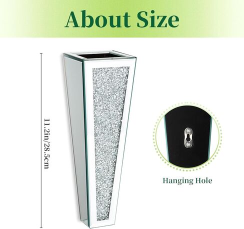 مزهريات حائط مرآة للديكور، قطعتان من Hewory بطول 11.2 بوصة مزهريات فضية معلقة للزهور، مزهرية كبيرة لامعة ذات مرآة مزخرفة، ديكور جداري كريستالي لامع ديكور منزلي من الألماس المسحوق (لا يمكنه حمل الماء) in Kuwait