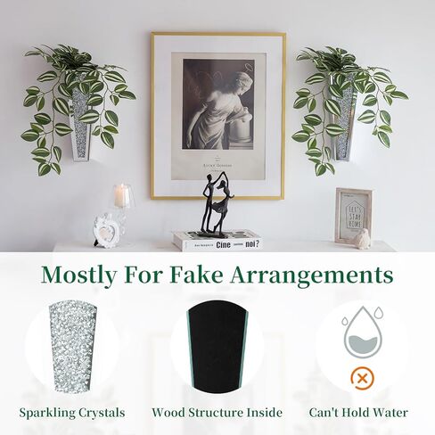 مزهريات حائط مرآة للديكور، قطعتان من Hewory بطول 11.2 بوصة مزهريات فضية معلقة للزهور، مزهرية كبيرة لامعة ذات مرآة مزخرفة، ديكور جداري كريستالي لامع ديكور منزلي من الألماس المسحوق (لا يمكنه حمل الماء) in Kuwait