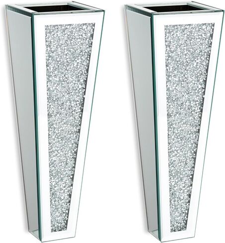 مزهريات حائط مرآة للديكور، قطعتان من Hewory بطول 11.2 بوصة مزهريات فضية معلقة للزهور، مزهرية كبيرة لامعة ذات مرآة مزخرفة، ديكور جداري كريستالي لامع ديكور منزلي من الألماس المسحوق (لا يمكنه حمل الماء) in Kuwait