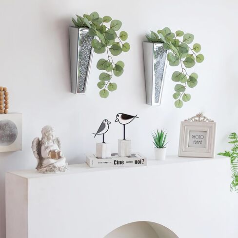 مزهريات حائط مرآة للديكور، قطعتان من Hewory بطول 11.2 بوصة مزهريات فضية معلقة للزهور، مزهرية كبيرة لامعة ذات مرآة مزخرفة، ديكور جداري كريستالي لامع ديكور منزلي من الألماس المسحوق (لا يمكنه حمل الماء) in Kuwait