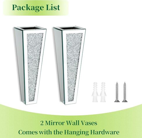مزهريات حائط مرآة للديكور، قطعتان من Hewory بطول 11.2 بوصة مزهريات فضية معلقة للزهور، مزهرية كبيرة لامعة ذات مرآة مزخرفة، ديكور جداري كريستالي لامع ديكور منزلي من الألماس المسحوق (لا يمكنه حمل الماء) in Kuwait