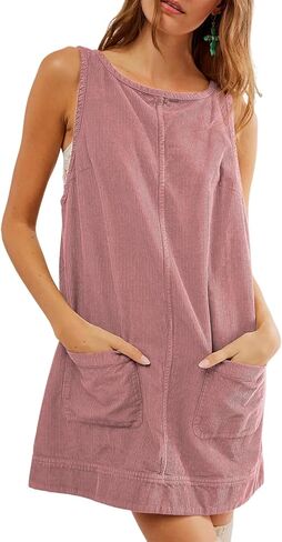 TBA Corduroy Overall Dress for Women Round Neck Skirtall Jumper A Line Mini Romper Pinafore with Pockets in Kuwait