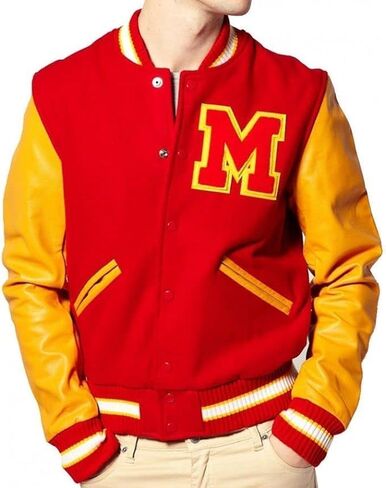 The Jasperz Thriler Red & Yellow M Logo Varsity Letterman Bomber Jacket - Wool and Faux Leather Bomber Jacket in Kuwait