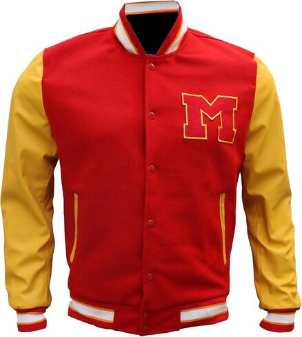 The Jasperz Thriler Red & Yellow M Logo Varsity Letterman Bomber Jacket - Wool and Faux Leather Bomber Jacket in Kuwait