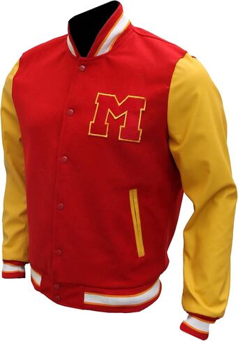 The Jasperz Thriler Red & Yellow M Logo Varsity Letterman Bomber Jacket - Wool and Faux Leather Bomber Jacket in Kuwait