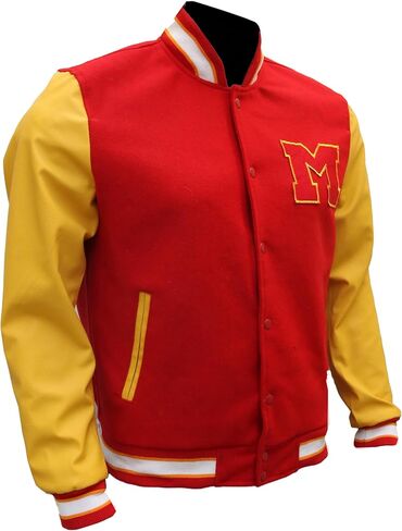 The Jasperz Thriler Red & Yellow M Logo Varsity Letterman Bomber Jacket - Wool and Faux Leather Bomber Jacket in Kuwait