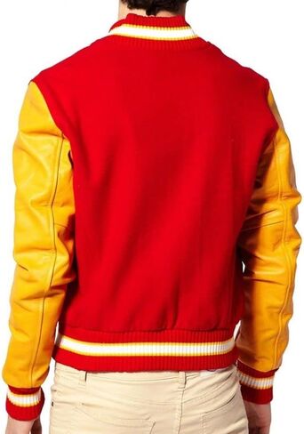 The Jasperz Thriler Red & Yellow M Logo Varsity Letterman Bomber Jacket - Wool and Faux Leather Bomber Jacket in Kuwait