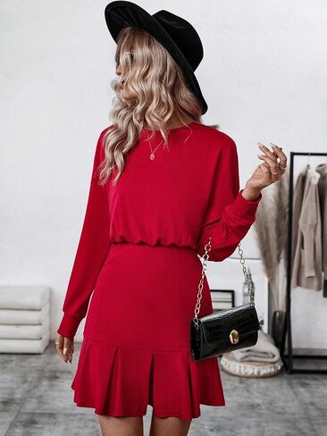 فستان نسائي قصير بأكمام طويلة من MakeMeChic، بحاشية مكشكشة ومطويات، فستان للحفلات والعمل والمكتب in Kuwait