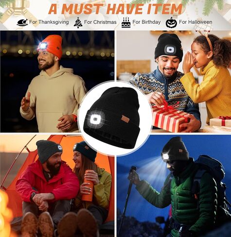 YunTuo Fleece Lined Beanie Headlamp Hat with Light, Rechargeable LED Winter Cap, Gifts for Men Women Husband in Kuwait