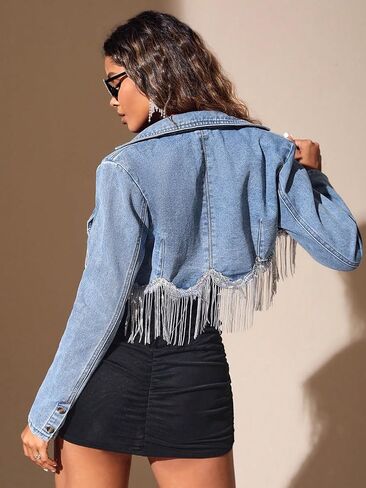 سترة نسائية من MakeMeChic ذات حاشية مهدبة من قماش الدنيم وأكمام طويلة مفتوحة من الأمام وياقة على شكل طية صدر in Saudi Arabia