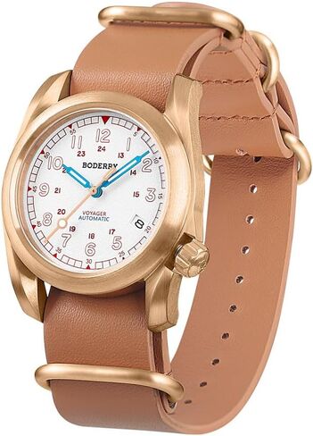 BODERRY Men's Watch Bronze Automatic Field Watch 40mm Military Watch Date Function 100M Waterproof with Genuine Leather Strap Japanese Mechanical Movement & Screw Down Crown—Voyager in Saudi Arabia