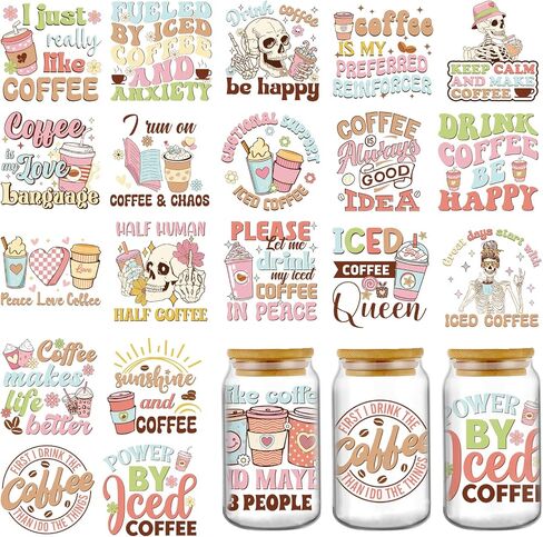 AFRITEE UV DTF Cup Wraps - 20 Sheets Boho Funny Skeleton Uvdtf Tumbler Wrap for 16 oz Glass Mugs, Retro Transfer Stickers Decals for DIY Coffee Cups Crafts Creative Gifts in Saudi Arabia