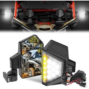 UTV Side View Mirrors with Lights Harness Fit 1-2" Roll Bar Cage, 51W Integrated LED Lights Amber Turn Signal Lights Puddle Lights Side Mirrors Compatible with Polaris Ranger Can-Am X3