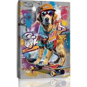 Fantasy Artists Colorful Wrapped Canvas Dog Wall Art Urban Fashion Animal Painting Puppy Prints Ready to Hang for Teen Bedroom, Dorm Room, or Modern Home Decor (Wrapped Canvas, 12" x 16", Cool Dog)