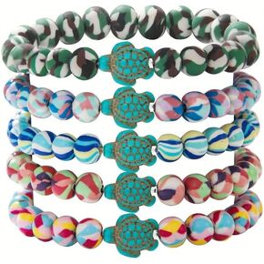Bohemian Colorful Camouflage Beads Bracelets Set Stackable Turquoise Stone Seashell Turtles Christian Cross Stretch Preppy Layering Friendship Beach Surfing Bracelets Birthday Gifts for Women