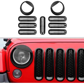 JWWY Front Grille Insert Radiator Grille Grillwork Surround Assembly Inserts Headlight Headlamp Cover Trim Set Fit for 2007-2017 Jeep Wrangler JK JKU Exterior Accessories 9pcs Blue