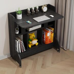 Folding Height Adjustable Standing Desk, 33x15 Inches Portable Desk on Wheels with Shelves, Movable Computer Workstation with Storage, Quick Sit to Stand Tabletop for Small Space (Black)