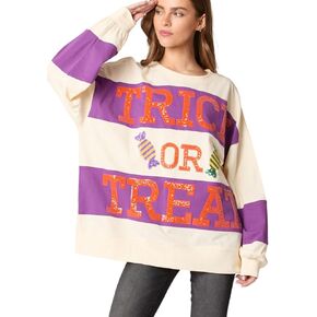 utcoco Oversized Sweatshirt for Women Halloween Letter Sequin Long Sleeve Shirts Color Block Hoodies Tops