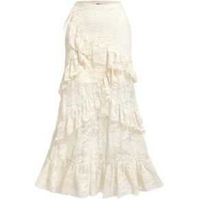 Verdusa Women's Lace Long Skirts High Waist Layered Ruffle Hem A Line Skirt