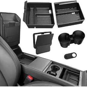 5PCS Upgraded Center Console Organizer for Tesla Model 3 Highland 2024 2025 Accessories [Smooth Sliding] Armrest Organizer Tray Push Button Hidden Storage Box Cup Holder Webcam Cover, Black