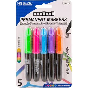 BAZIC Permanent Marker Fine Tip, Mini Assorted Color Markers, Coloring on Plastic Wood Metal Glass Stone, for School Office Art (5/Pack), 1-Pack