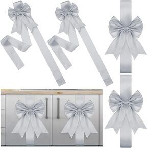 Christmas Cabinet Big Bows Door Decorative Ribbon Bow Festive Large Bow Ribbon Cabinet Ribbon Bows for Kitchen Cabinets Furniture Room Decorations, Sliver (4 Pieces)