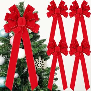 4 Packs 50'' x 20'' Extra Large Christmas Bow Red Velvet Wreath Bow Handmade Christmas Tree Topper Bows with Glitter Gold Wired Edge for Winter Wreath Front Door Home Outdoor Indoor Party Decor