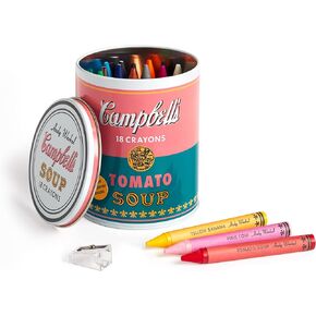 Mudpuppy Andy Warhol Inspired Extra Thick Crayons and Sharpener Set in Soup Can Shaped Tin, Pink,Yellow
