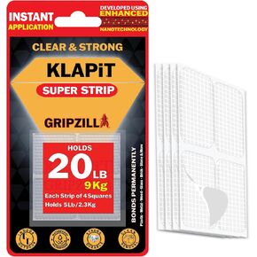 شريط تثبيت نانو مزدوج الجوانب من KLAPiT Super Strip GRIPZILLA، بدون بقايا، متعدد الأغراض، استخدام فوري - مثالي للصور والأثاث والسجاد - يحمل ما يصل إلى 20 رطلاً، 4 مربعات مسبقة القطع (16 قطعة)