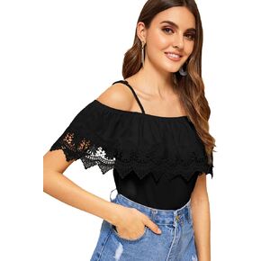 SweatyRocks Women's Spaghetti Strap Cold Shoulder Tops Short Sleeve Lace Trim Shirt Blouse