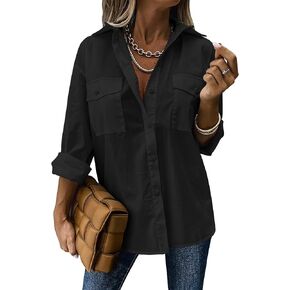 Zeagoo Womens Button Down Shirts Casual Long Sleeve Drop Shoulder Blouses Solid Color Dress Shirts with Pockets