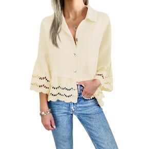 Cicy Bell Womens Casual Button Up Shirts Trendy Loose Hollow Out Ruffle Hem and 3/4 Sleeve Blouse Tops