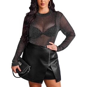 IN'VOLAND Women's Plus Size Glitter Sheer Mesh Top Long Sleeve Shirts Mock Neck See Through T Shirt Clubwear Slim Blouse
