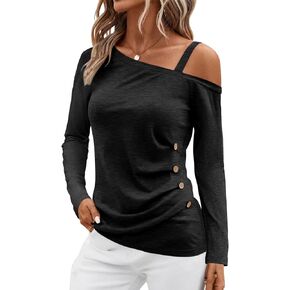 Womens Off Shoulder Tops Asymmetrical One Shoulder Shirts Long Sleeve Button Ruched Blouses
